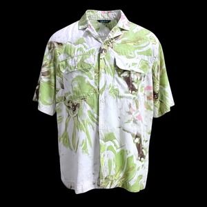H&M Mens Button Up Shirt Short Sleeve Green White Floral Camp Casual Large